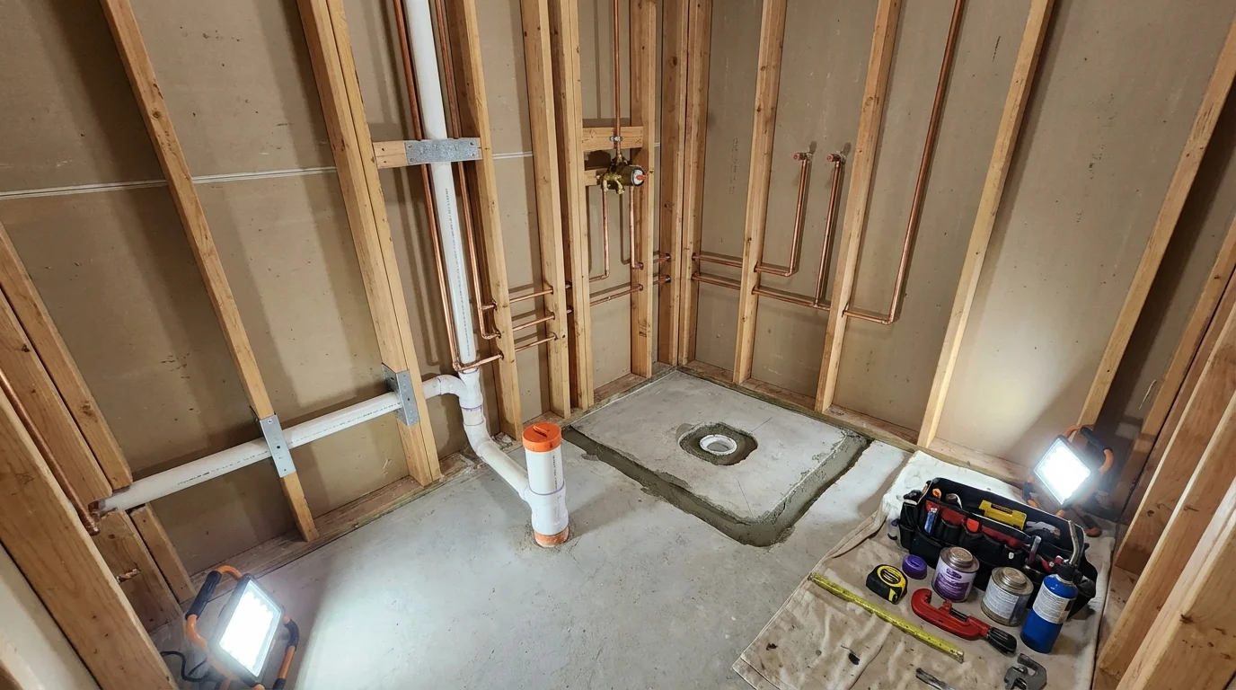 Bathroom rough-in plumbing during remodel by Johns Plumbing LLC in Crosby