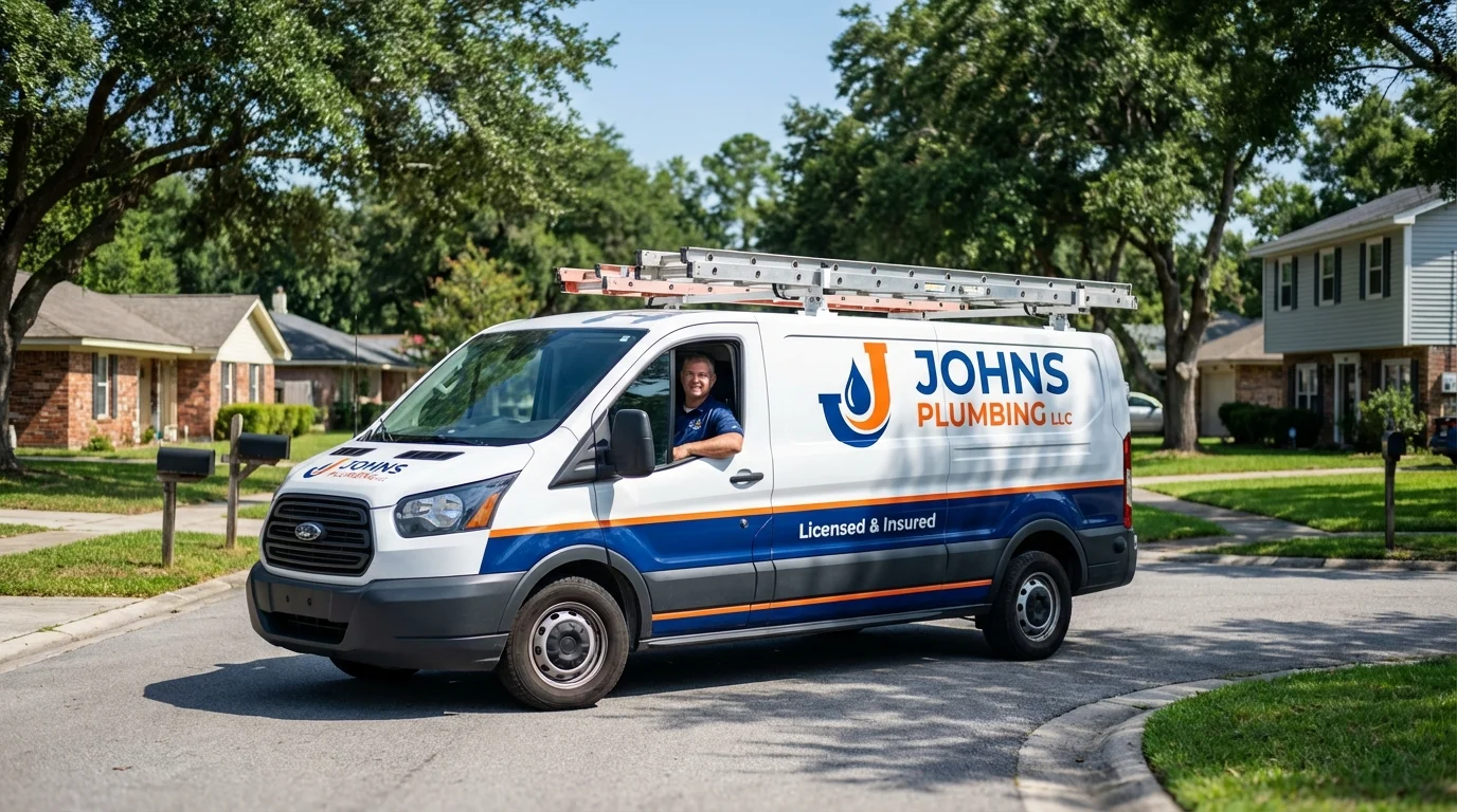 Johns Plumbing LLC service van in Crosby, TX