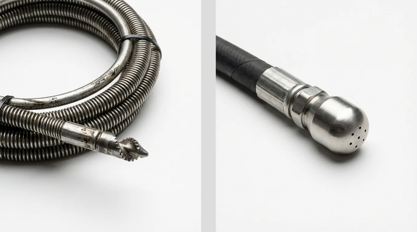 Drain snake cable and hydro jetting nozzle used for drain cleaning in Crosby, TX