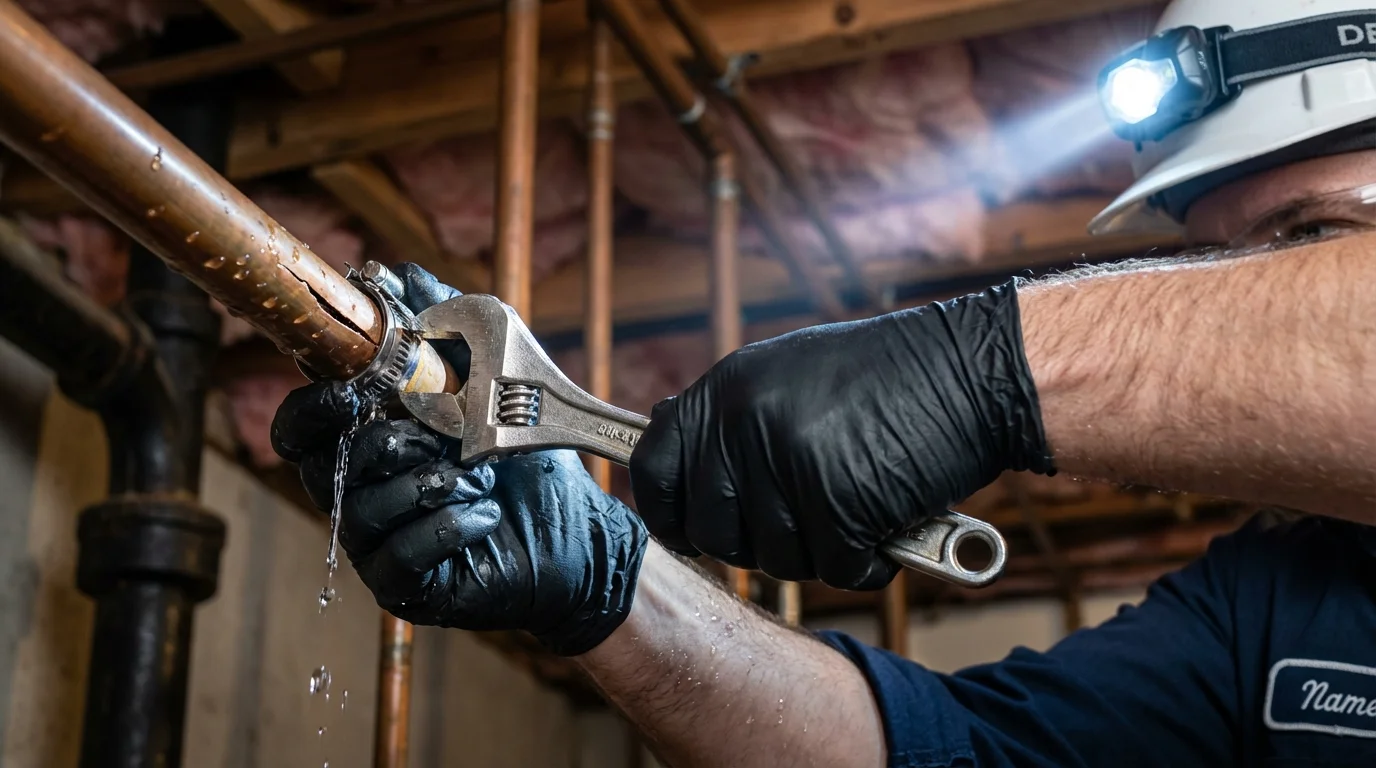 Emergency pipe clamp repair being performed by a Johns Plumbing LLC plumber in Crosby