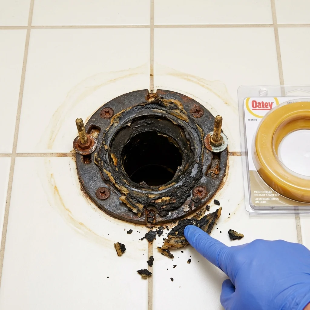 Failed wax ring showing water seepage at the base of a toilet in a Crosby, TX home