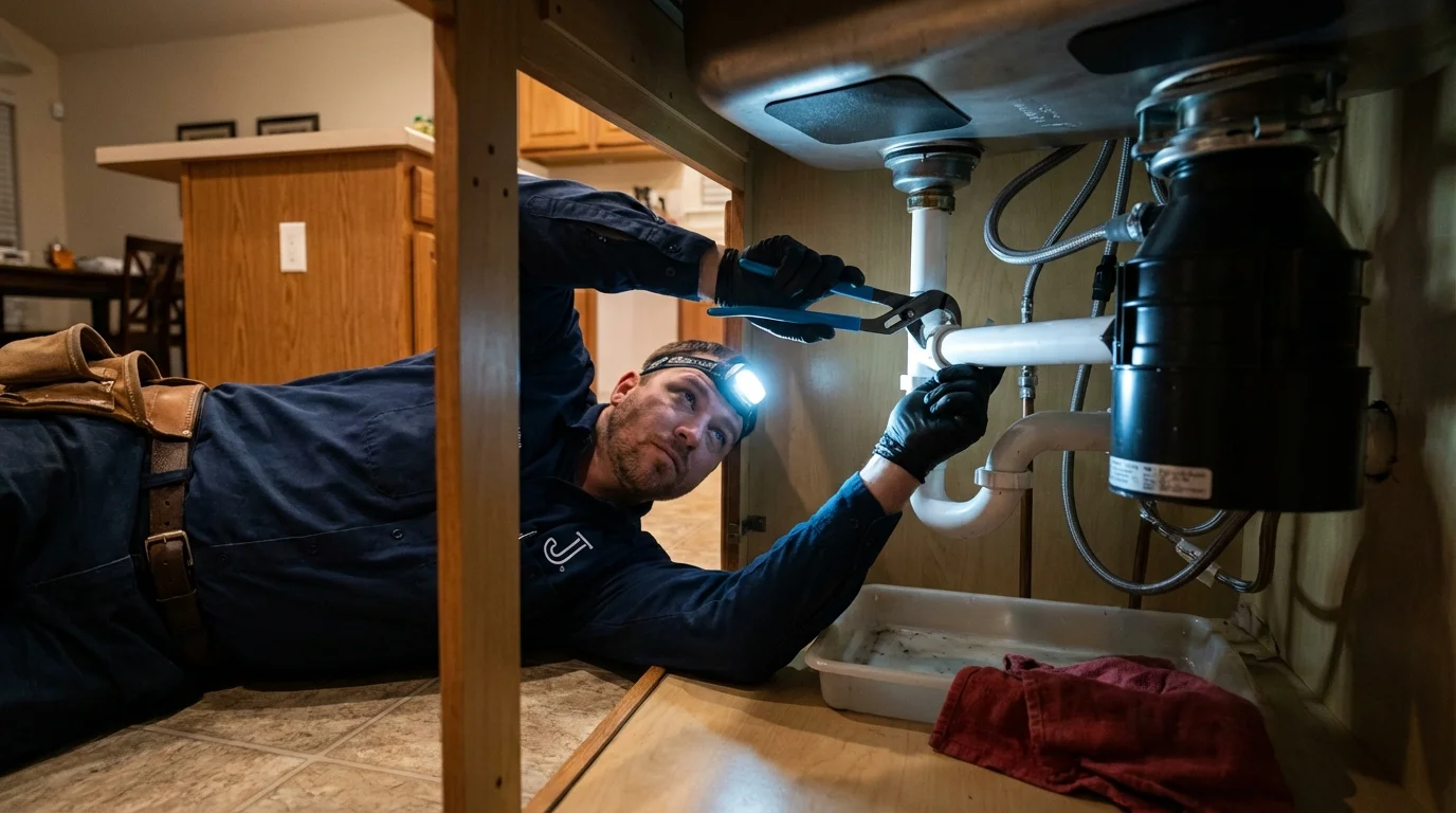 P-trap and supply line connections under a kitchen sink showing a common leak point in Crosby, TX